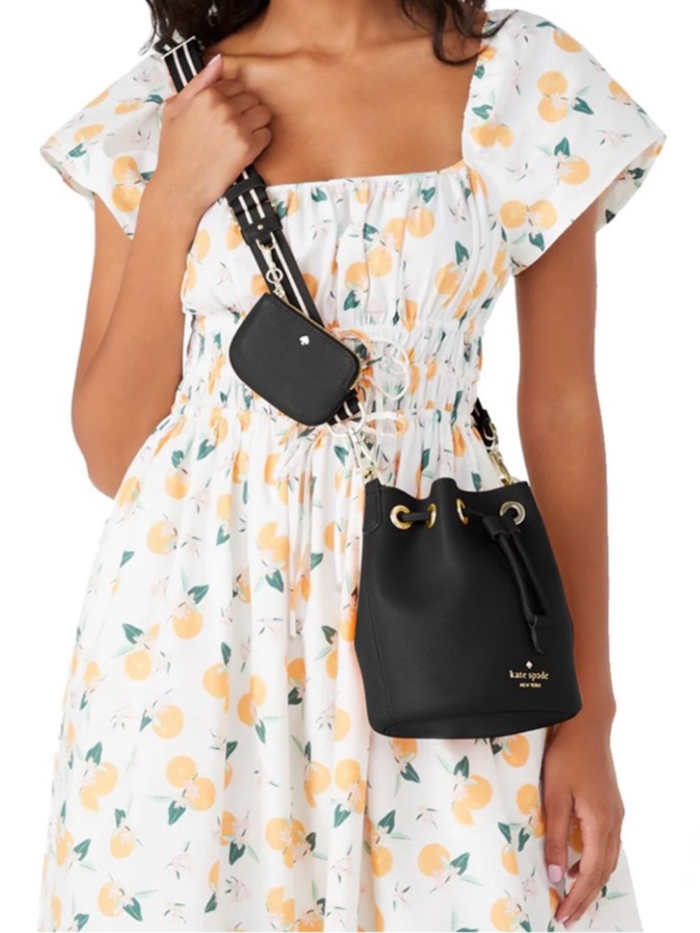 Kate Spade Small Rosie Black Pebble Leather Drawstring Bucket Bag with Pouch